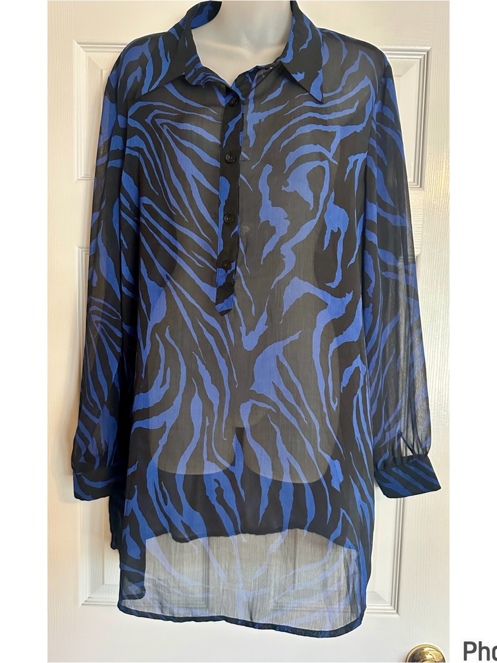 Susan Graver Black and Blue Sheer Zebra-Print Button Tunic